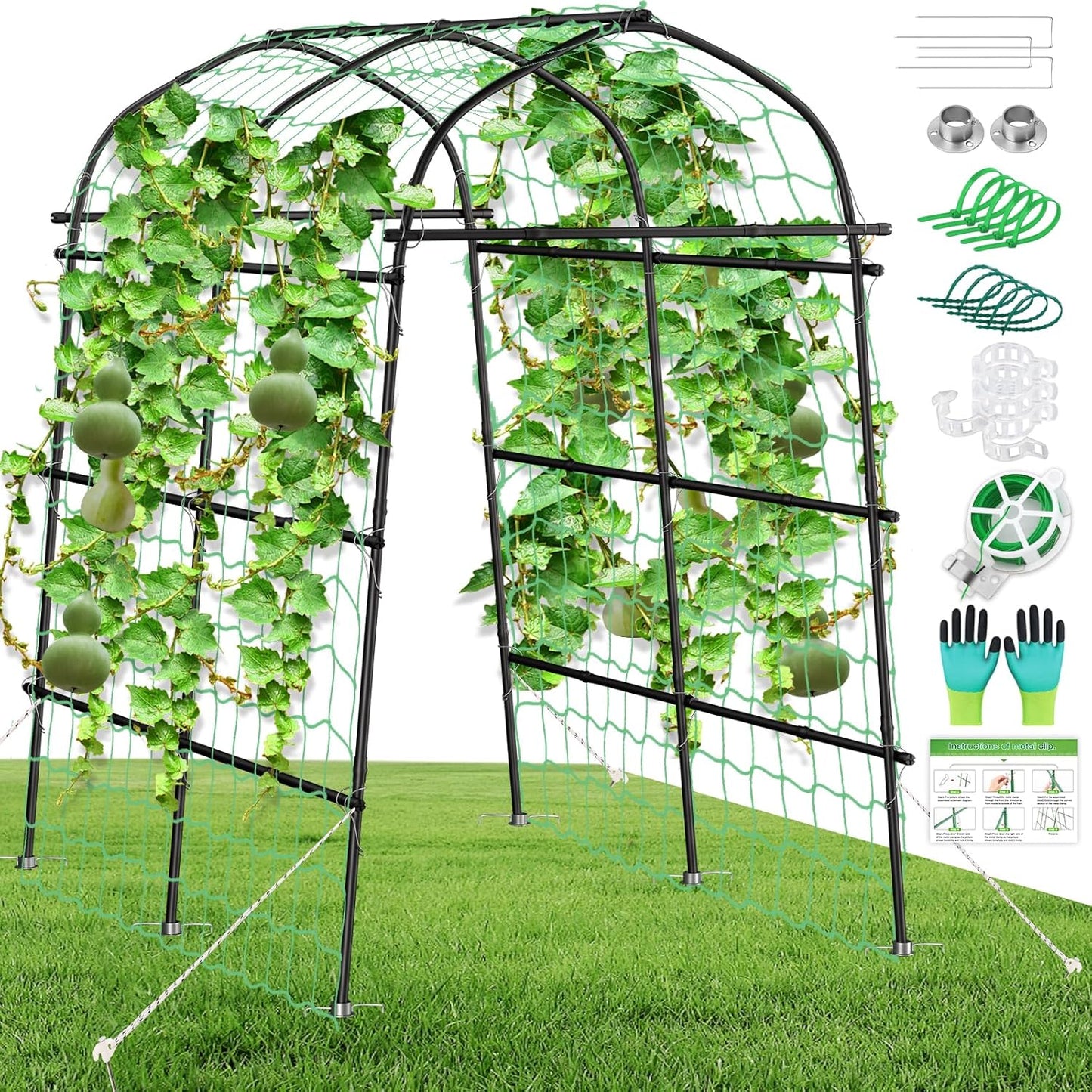 Cucumber Trellis for Raised Bed, Tall Metal Garden Trellis for Climbing Plants Outdoor with Netting, Gloves, Garden Tools, Trellis for Vegetables Plant Support Peas Fruit Flower Grape