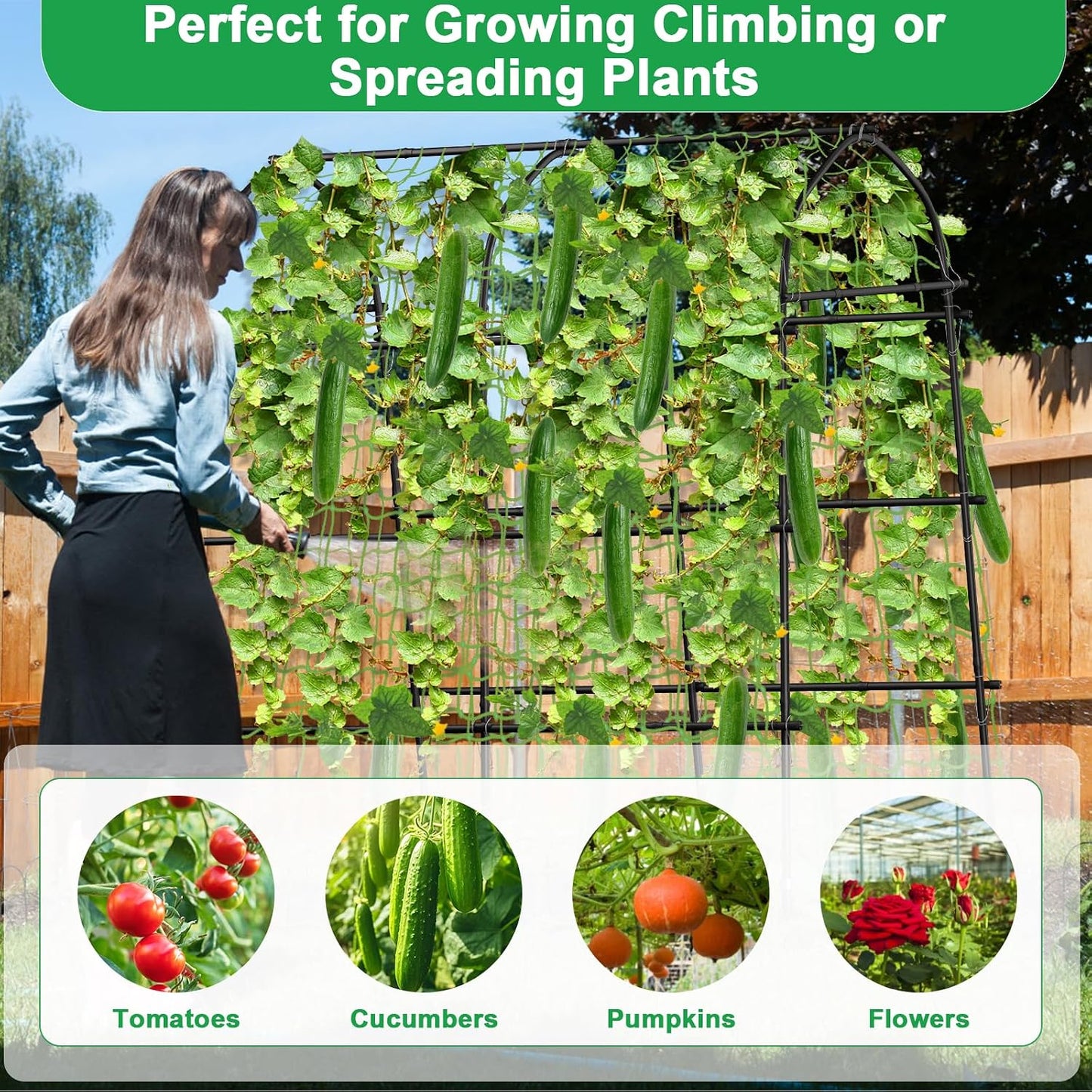 Cucumber Trellis for Raised Bed, Tall Metal Garden Trellis for Climbing Plants Outdoor with Netting, Gloves, Garden Tools, Trellis for Vegetables Plant Support Peas Fruit Flower Grape