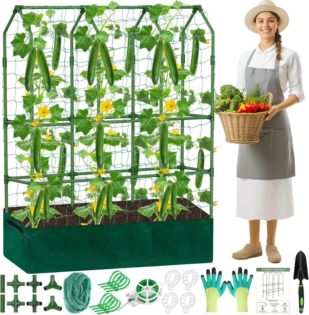 Cucumber Trellis for Raised Bed, Tall Metal Garden Trellis for Climbing Plants Outdoor with Netting, Gloves, Garden Tools, Trellis for Vegetables Plant Support Peas Fruit Flower Grape