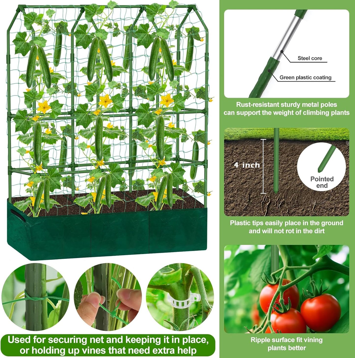 Cucumber Trellis for Raised Bed, Tall Metal Garden Trellis for Climbing Plants Outdoor with Netting, Gloves, Garden Tools, Trellis for Vegetables Plant Support Peas Fruit Flower Grape
