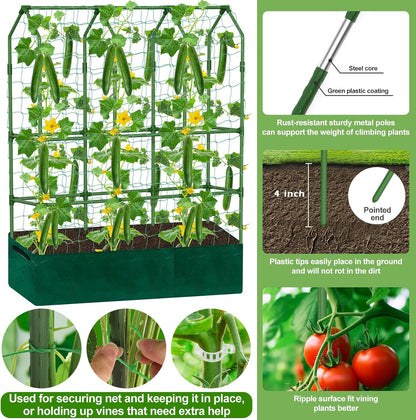 Cucumber Trellis for Raised Bed, Tall Metal Garden Trellis for Climbing Plants Outdoor with Netting, Gloves, Garden Tools, Trellis for Vegetables Plant Support Peas Fruit Flower Grape