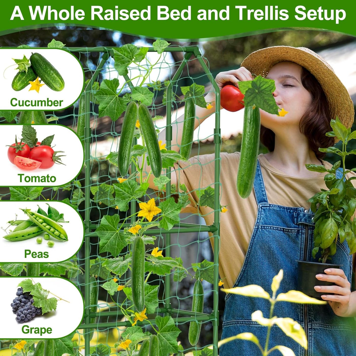 Cucumber Trellis for Raised Bed, Tall Metal Garden Trellis for Climbing Plants Outdoor with Netting, Gloves, Garden Tools, Trellis for Vegetables Plant Support Peas Fruit Flower Grape