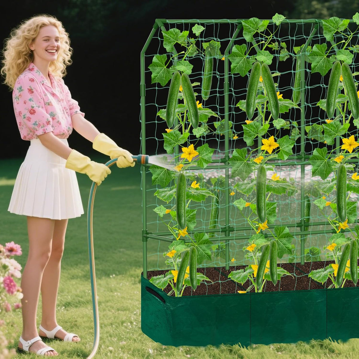 Cucumber Trellis for Raised Bed, Tall Metal Garden Trellis for Climbing Plants Outdoor with Netting, Gloves, Garden Tools, Trellis for Vegetables Plant Support Peas Fruit Flower Grape