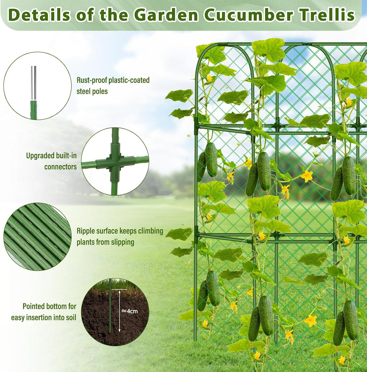 Cucumber Trellis for Raised Bed, Tall Metal Garden Trellis for Climbing Plants Outdoor with Netting, Gloves, Garden Tools, Trellis for Vegetables Plant Support Peas Fruit Flower Grape