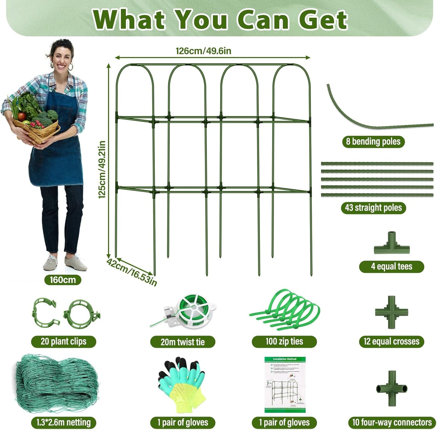Cucumber Trellis for Raised Bed, Tall Metal Garden Trellis for Climbing Plants Outdoor with Netting, Gloves, Garden Tools, Trellis for Vegetables Plant Support Peas Fruit Flower Grape