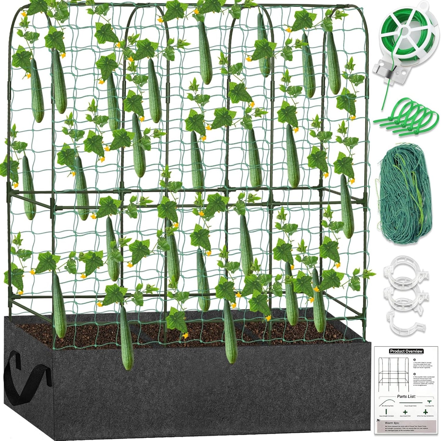 Cucumber Trellis for Raised Bed, Tall Metal Garden Trellis for Climbing Plants Outdoor with Netting, Gloves, Garden Tools, Trellis for Vegetables Plant Support Peas Fruit Flower Grape