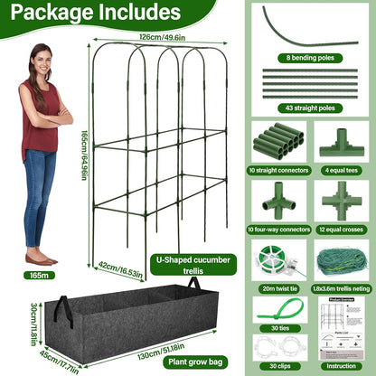 Cucumber Trellis for Raised Bed, Tall Metal Garden Trellis for Climbing Plants Outdoor with Netting, Gloves, Garden Tools, Trellis for Vegetables Plant Support Peas Fruit Flower Grape