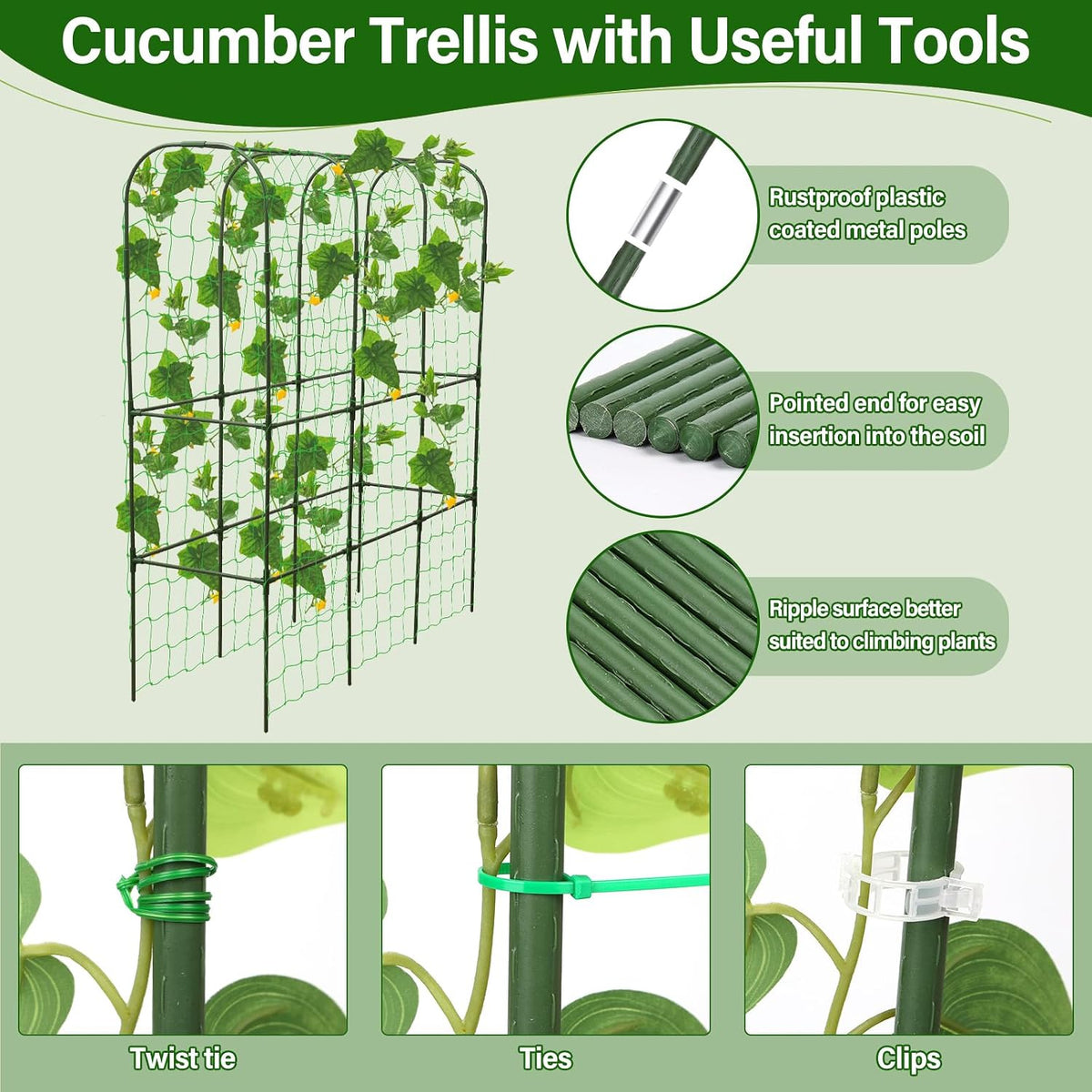 Cucumber Trellis for Raised Bed, Tall Metal Garden Trellis for Climbing Plants Outdoor with Netting, Gloves, Garden Tools, Trellis for Vegetables Plant Support Peas Fruit Flower Grape