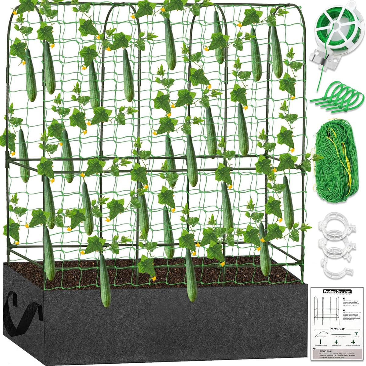 Cucumber Trellis for Raised Bed, Tall Metal Garden Trellis for Climbing Plants Outdoor with Netting, Gloves, Garden Tools, Trellis for Vegetables Plant Support Peas Fruit Flower Grape