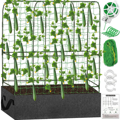 Cucumber Trellis for Raised Bed, Tall Metal Garden Trellis for Climbing Plants Outdoor with Netting, Gloves, Garden Tools, Trellis for Vegetables Plant Support Peas Fruit Flower Grape