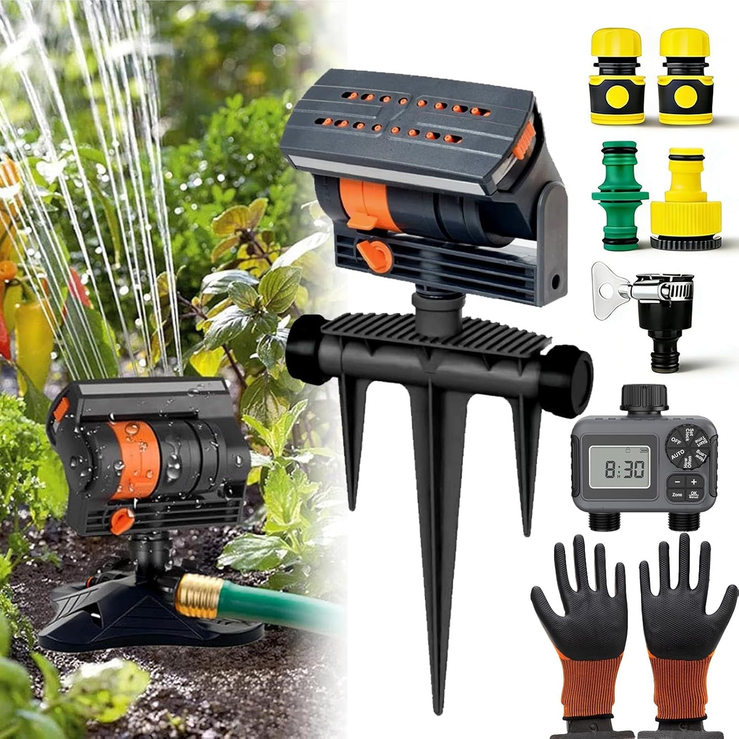 16-Nozzle Oscillating Sprinkler with Dual-Zone Sprinkler Water Timer, Adjustable Garden Sprinkler Watering System, 360° 16-Hole Automatic Rocking Sprinkler (Standard, Sprinklers)