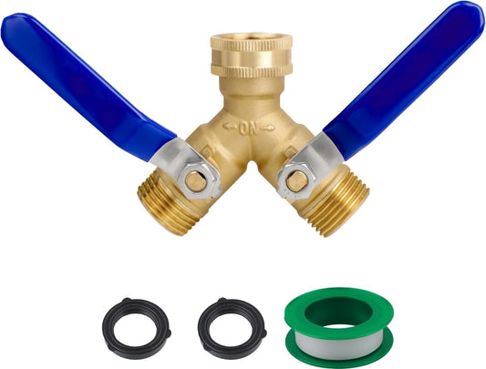 2 Way Garden Hose Splitter, Heavy Duty Brass Y Valve Hose Connector with Independent Valve, 3/4" Water Hose Adapter with 2 Gaskets and 1 Seal Tape for Lawn, Garden