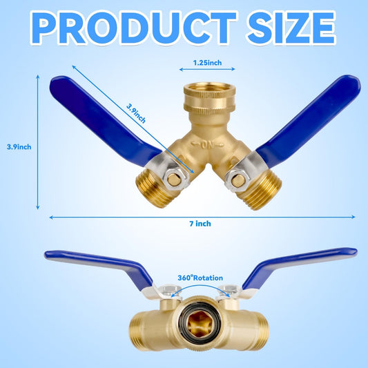 2 Way Garden Hose Splitter, Heavy Duty Brass Y Valve Hose Connector with Independent Valve, 3/4" Water Hose Adapter with 2 Gaskets and 1 Seal Tape for Lawn, Garden
