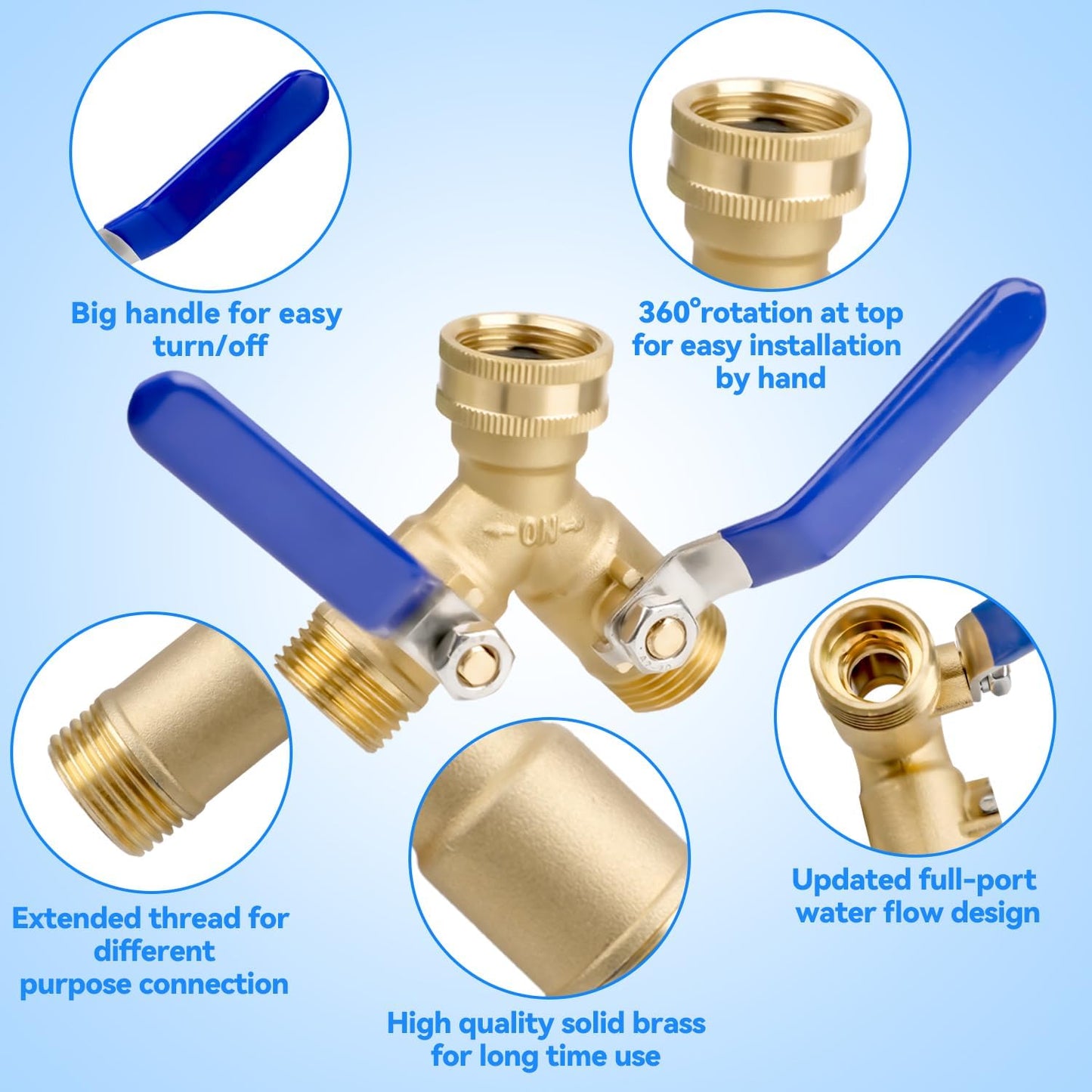 2 Way Garden Hose Splitter, Heavy Duty Brass Y Valve Hose Connector with Independent Valve, 3/4" Water Hose Adapter with 2 Gaskets and 1 Seal Tape for Lawn, Garden