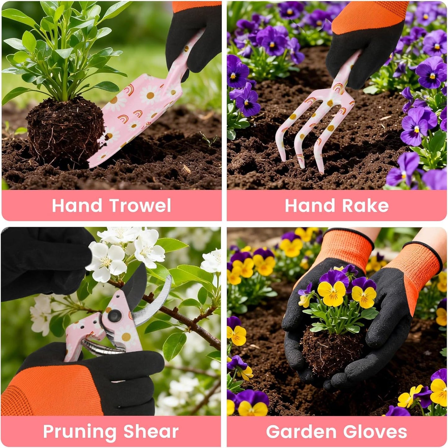 Garden Tools Set Heavy Duty Gardening Tools Set Include Garden Shovel, Garden Scissor, Transplant Trowel and Hand Rake with Ergonomic Handle, 4 Pack