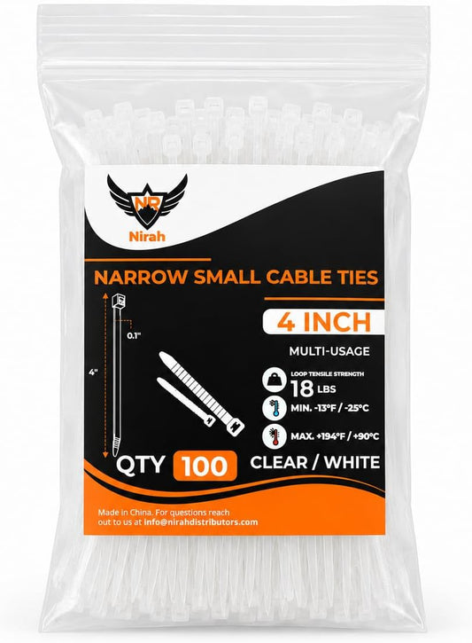 Small Zip Ties 4 inch Clear, 18lb Strength, 100 pack UV-Resistant, Self-locking PA 66 Nylon Small Cable Ties for Home, Office, Garden, Cable Management