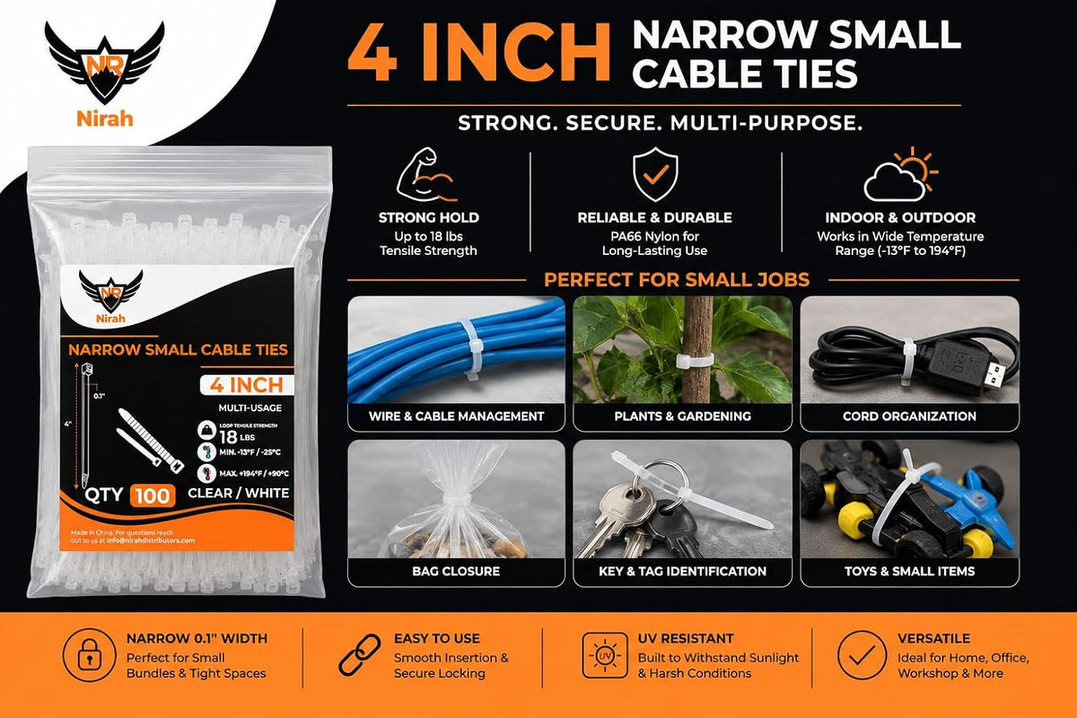 Small Zip Ties 4 inch Clear, 18lb Strength, 100 pack UV-Resistant, Self-locking PA 66 Nylon Small Cable Ties for Home, Office, Garden, Cable Management