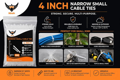 Small Zip Ties 4 inch Clear, 18lb Strength, 100 pack UV-Resistant, Self-locking PA 66 Nylon Small Cable Ties for Home, Office, Garden, Cable Management