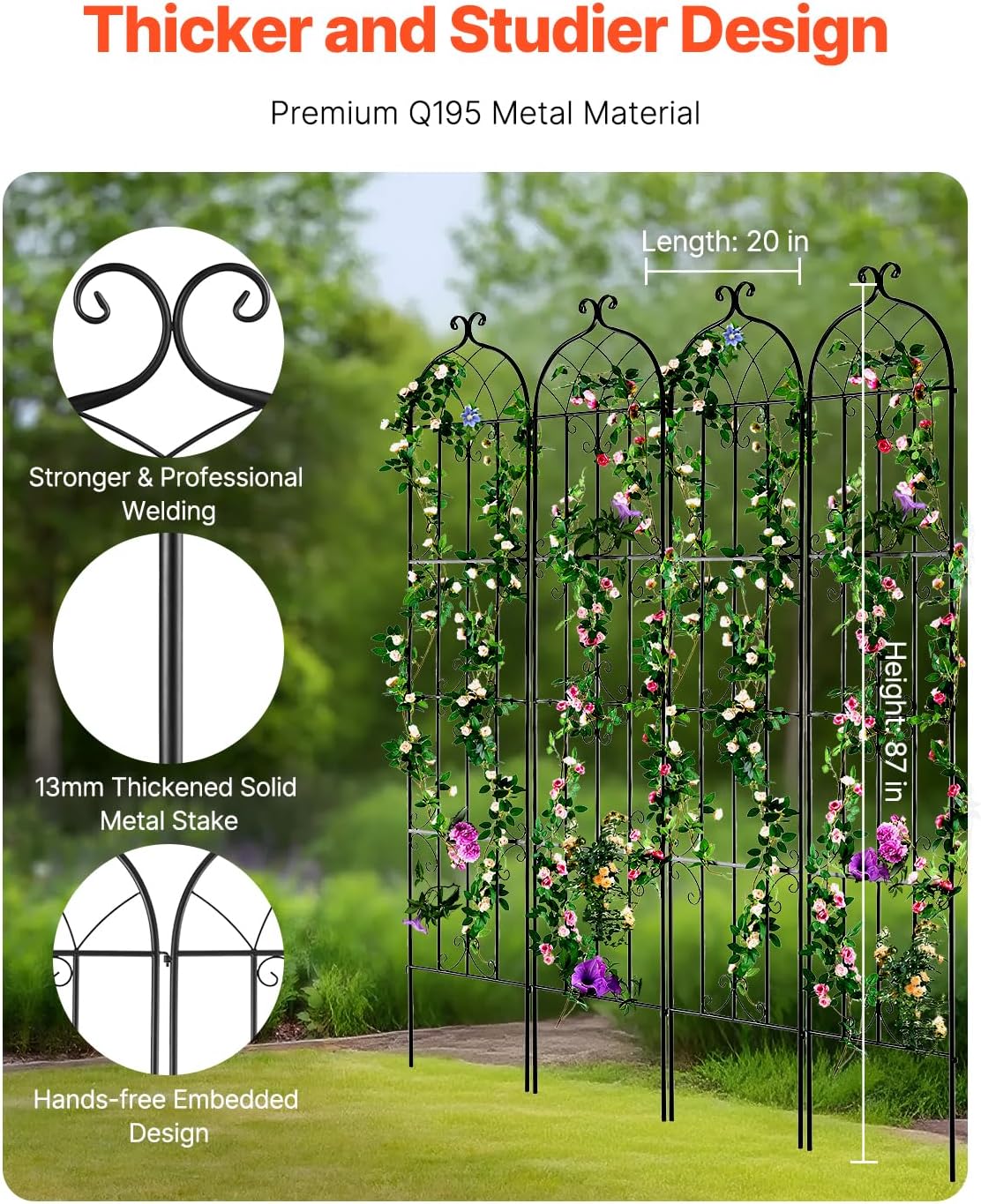 Garden Trellis for Climbing Plants 87x20 in 4-Pack Metal Rose Trellis