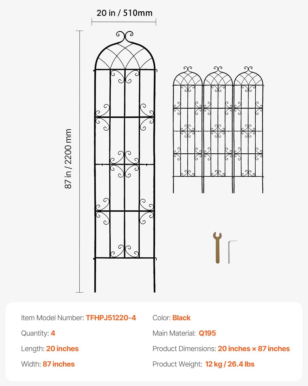 Garden Trellis for Climbing Plants 87x20 in 4-Pack Metal Rose Trellis