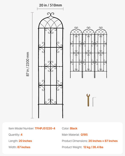 Garden Trellis for Climbing Plants 87x20 in 4-Pack Metal Rose Trellis