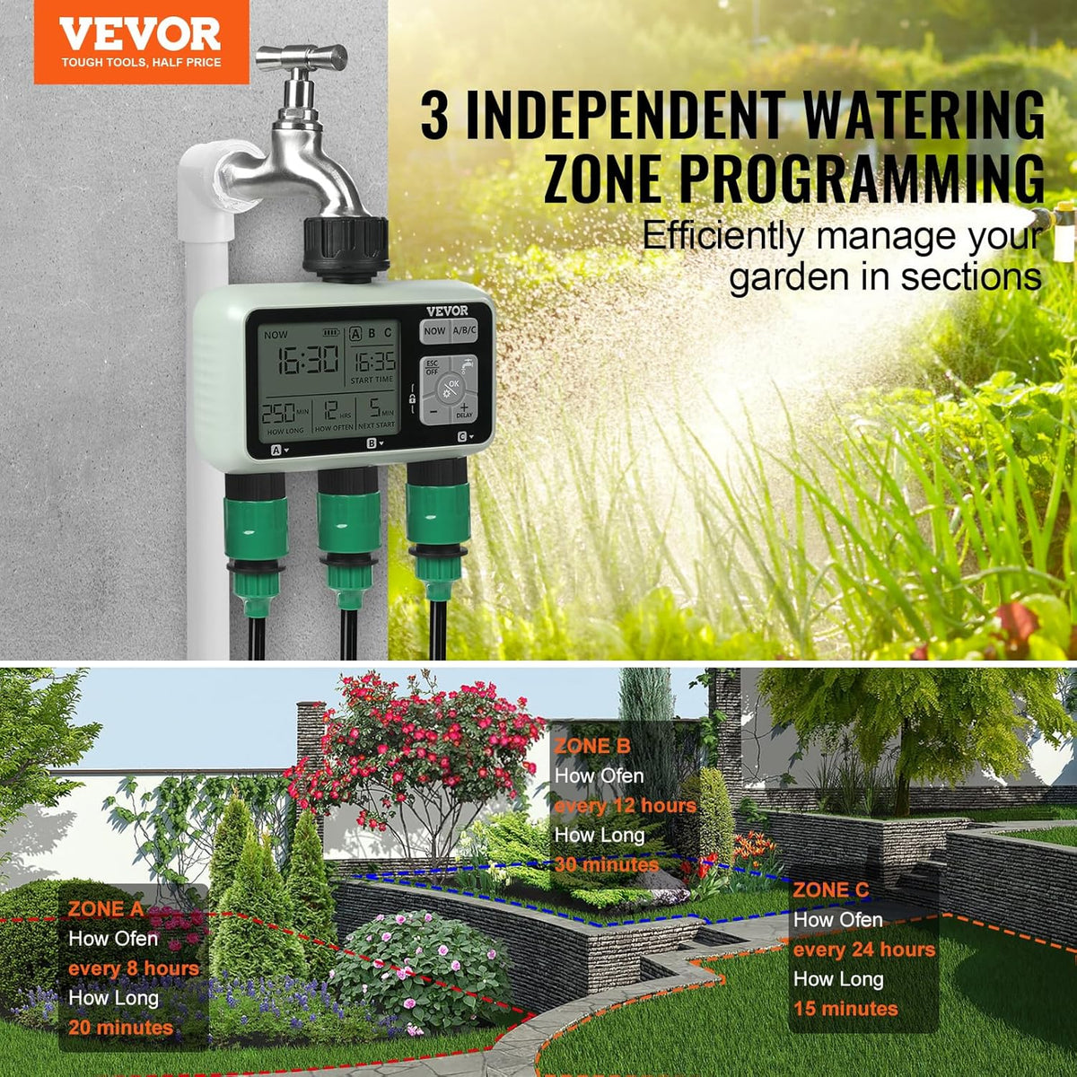 WiFi Sprinkler Timer, Single Outlet, Smart Hose Faucet Water Timer with Brass Inlet, APP Control via 2.4Ghz WiFi or Bluetooth, Voice Control with Alexa Google Assistant, IPX6 for Yard Watering