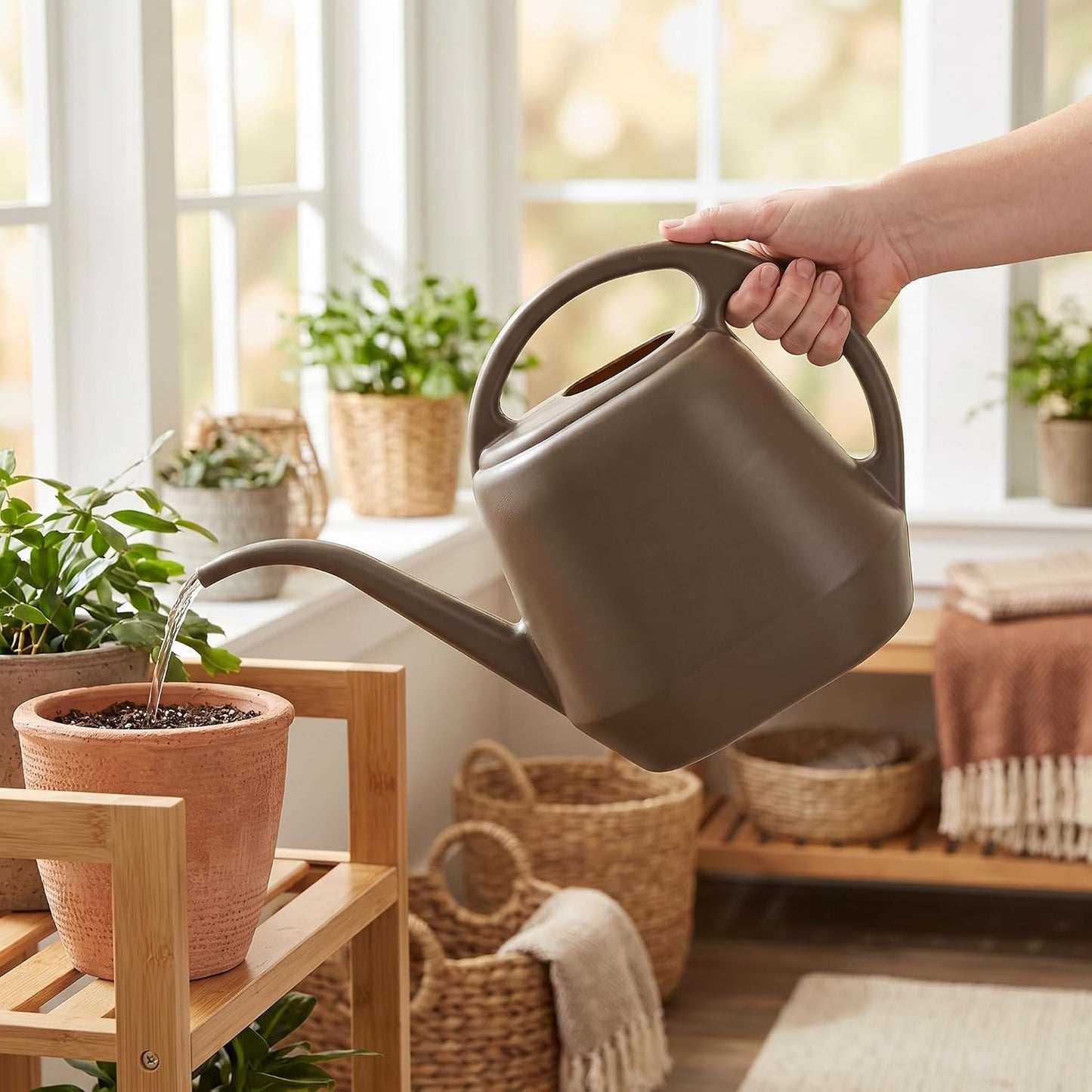 Plastic Watering Can, 1-Gallon, Deep Gray