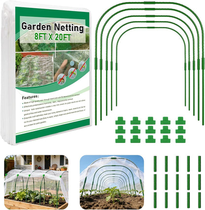 Garden Netting Kit for Raised Beds, Ultra Fine Garden Mesh Netting 8x20ft & 5 Sets Garden Hoops with Clips, Row Cover Net Protection Plant Covers Set for Greenhouse Vegetable Fruits Flowers Barrier