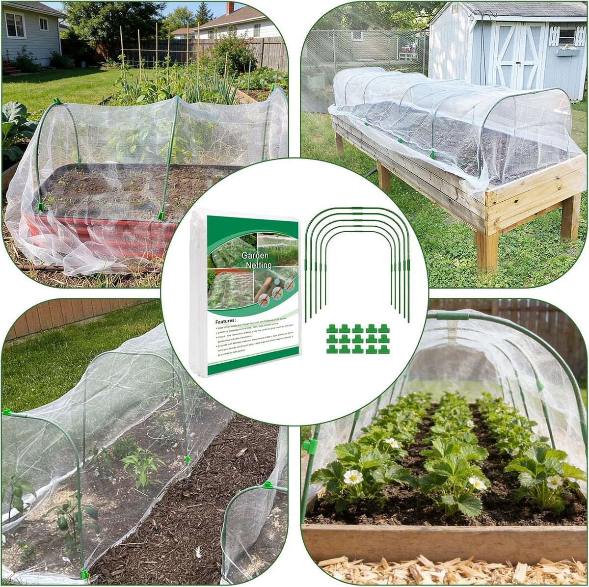 Garden Netting Kit for Raised Beds, Ultra Fine Garden Mesh Netting 8x20ft & 5 Sets Garden Hoops with Clips, Row Cover Net Protection Plant Covers Set for Greenhouse Vegetable Fruits Flowers Barrier