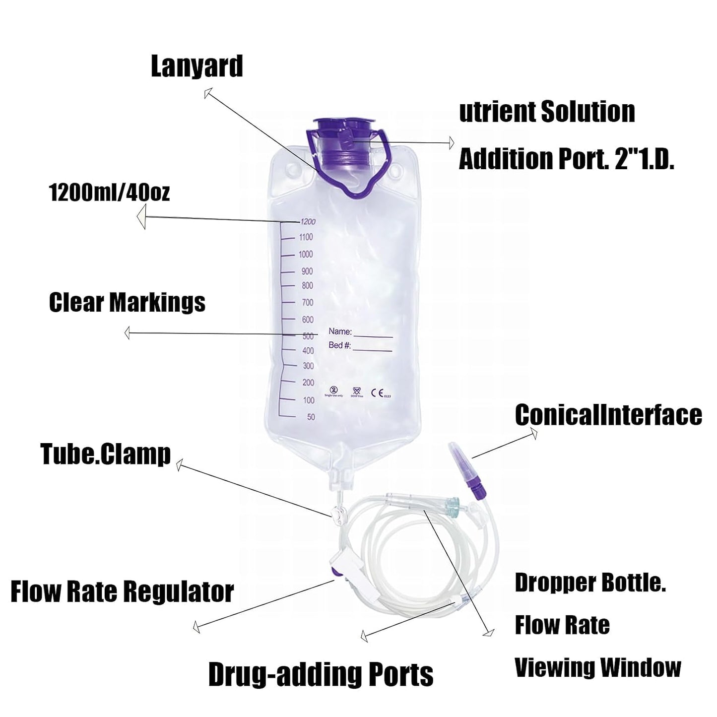 2 Pcs, 1200ml Plant Drip Irrigation Kit, Adjustable Gravity Bags with Large Bore & Tube, Plastic, Water Pressure-Driven