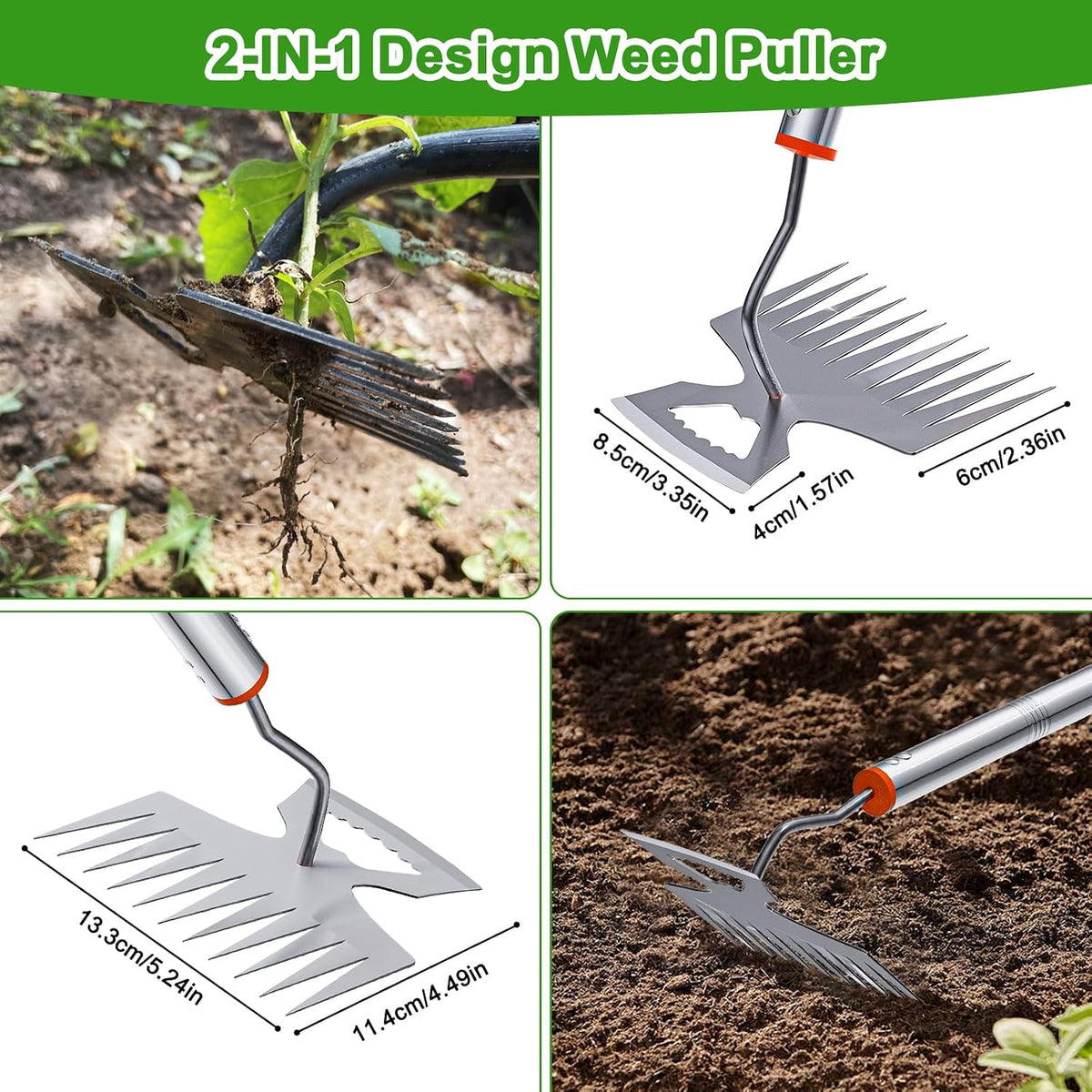 New Adjustable Uprooting Weeding Tool with Long Handle,11-Teeth Weed Puller Rake 2-in-1 Hand Weeder Garden Tools for Garden&Backyard,Manganese Steel Weeder Pulling Tool for Weeding Loosening Planting