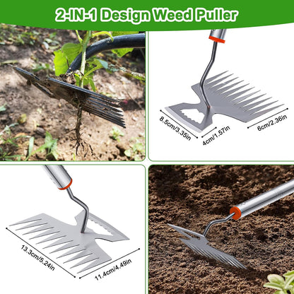 New Adjustable Uprooting Weeding Tool with Long Handle,11-Teeth Weed Puller Rake 2-in-1 Hand Weeder Garden Tools for Garden&Backyard,Manganese Steel Weeder Pulling Tool for Weeding Loosening Planting