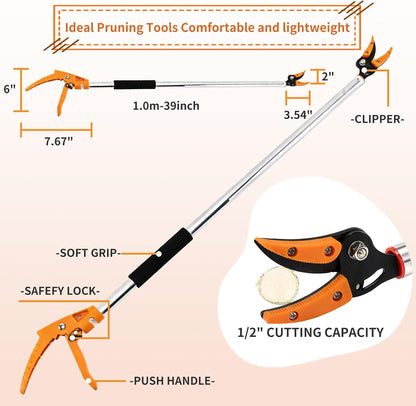 3.5 ft (1.0m) Cut & Tree Trimmer for Precision Gardening Pruning & Fruit picking, 40 in Long Reach Pruning Shears - Lightweight Aluminum Rust-Resistant Picker, Branch Bypass Loppers(1/4" Max Cut)