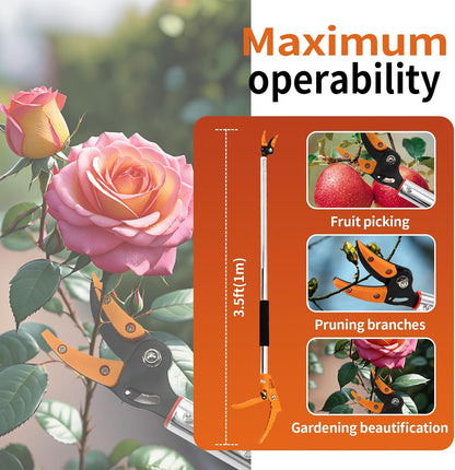 3.5 ft (1.0m) Cut & Tree Trimmer for Precision Gardening Pruning & Fruit picking, 40 in Long Reach Pruning Shears - Lightweight Aluminum Rust-Resistant Picker, Branch Bypass Loppers(1/4" Max Cut)