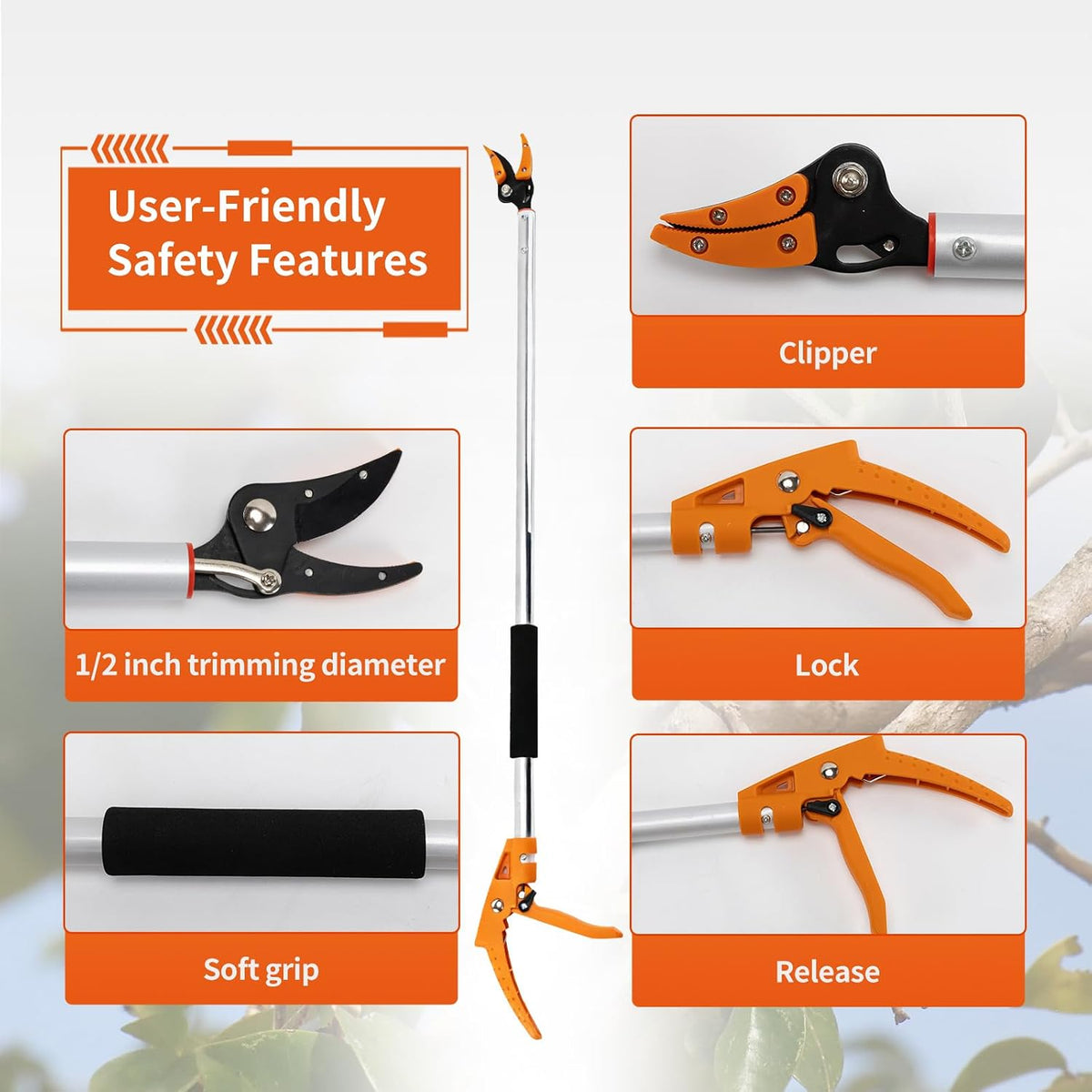 3.5 ft (1.0m) Cut & Tree Trimmer for Precision Gardening Pruning & Fruit picking, 40 in Long Reach Pruning Shears - Lightweight Aluminum Rust-Resistant Picker, Branch Bypass Loppers(1/4" Max Cut)