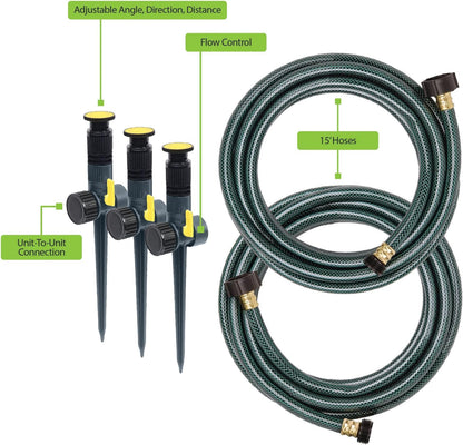 Multi-Adjustable Watering Set, 1800 Sq Ft: 3 Sprinklers, 2 Hoses