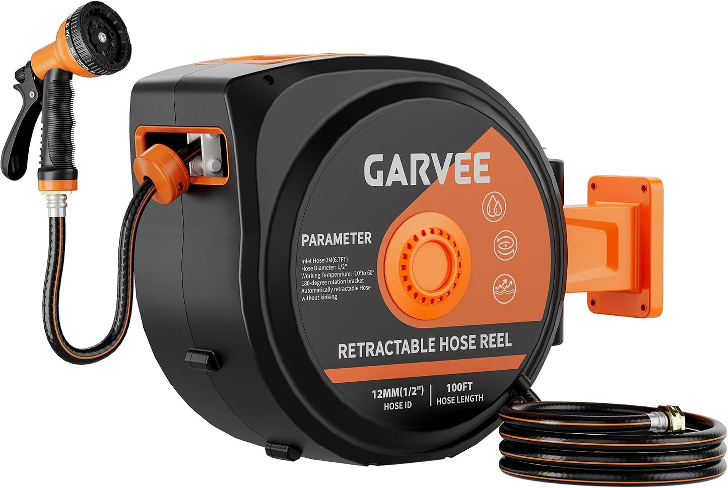 Retractable Garden Hose Reel, 1/2 Inch x 50 ft Wall Mounted Heavy Duty Garden Hose Reel with 10 Patterns Nozzle, Any Length Lock, Upgraded Slow Return System and 180°Swivel Bracket