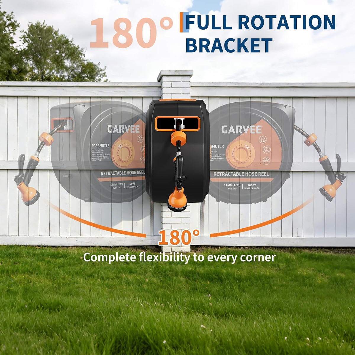 Retractable Garden Hose Reel, 1/2 Inch x 50 ft Wall Mounted Heavy Duty Garden Hose Reel with 10 Patterns Nozzle, Any Length Lock, Upgraded Slow Return System and 180°Swivel Bracket