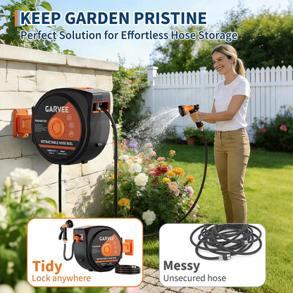 Retractable Garden Hose Reel, 1/2 Inch x 50 ft Wall Mounted Heavy Duty Garden Hose Reel with 10 Patterns Nozzle, Any Length Lock, Upgraded Slow Return System and 180°Swivel Bracket