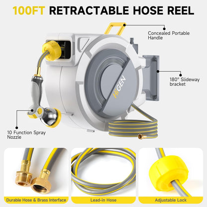 Retractable Garden Hose Reel, Water Hose Reel with 10 Pattern Metal Nozzle