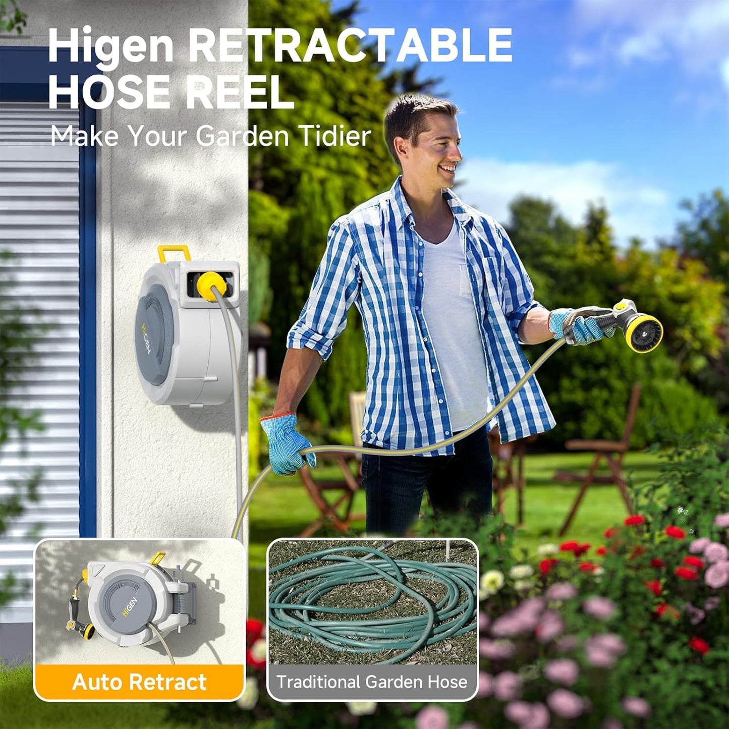 Retractable Garden Hose Reel, Water Hose Reel with 10 Pattern Metal Nozzle