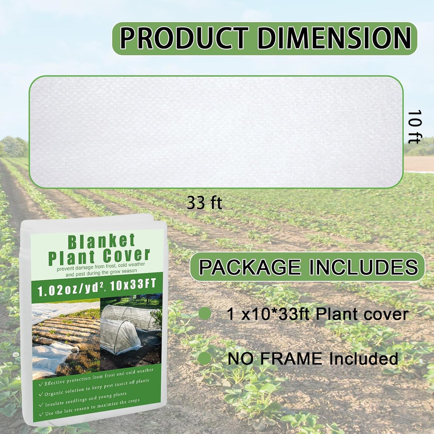 10'x33' Plant Frost Protection Cover, Reusable Non-Woven Garden Fabric