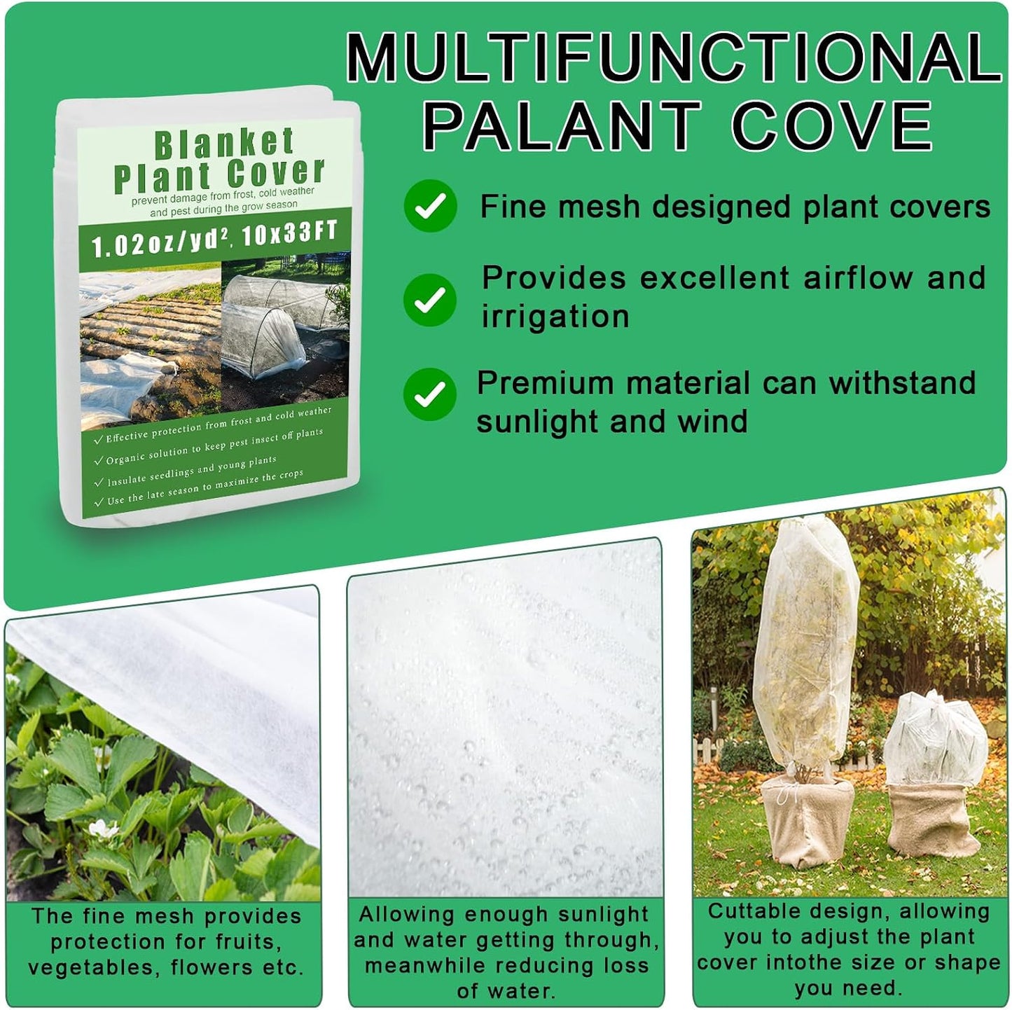10'x33' Plant Frost Protection Cover, Reusable Non-Woven Garden Fabric