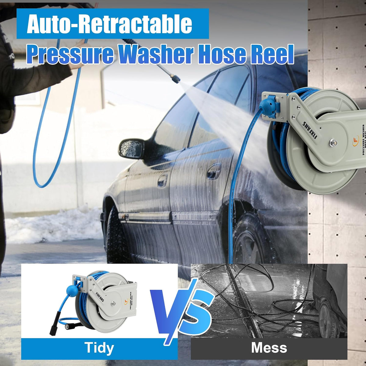 Pressure Washer Hose Reel with Hose, 1/4" × 60ft, Retractable