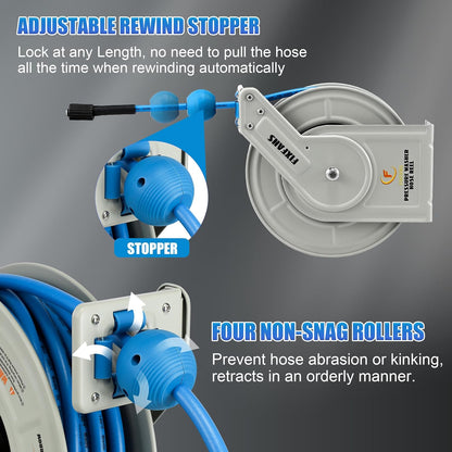 Pressure Washer Hose Reel with Hose, 1/4" × 60ft, Retractable