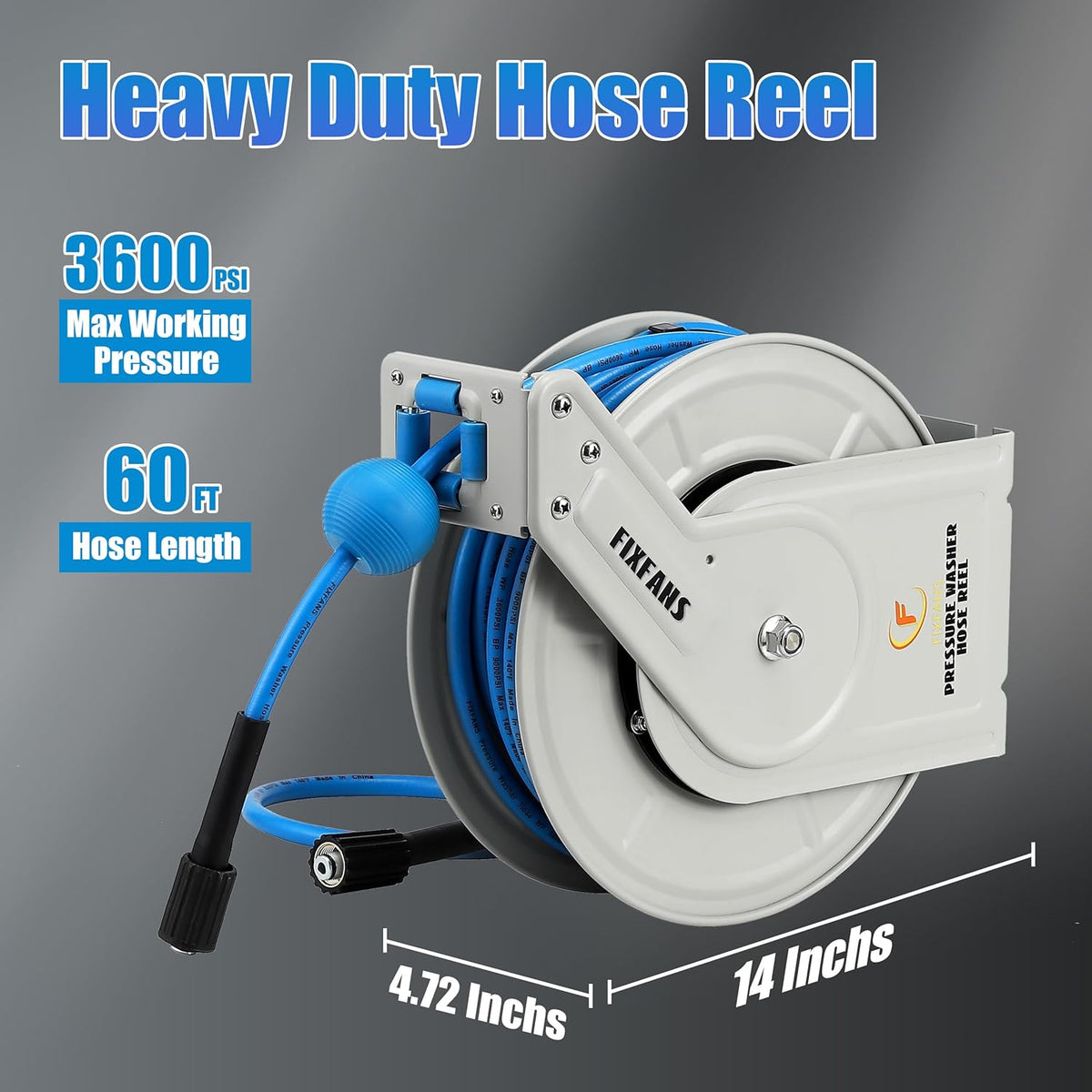 Pressure Washer Hose Reel with Hose, 1/4" × 60ft, Retractable
