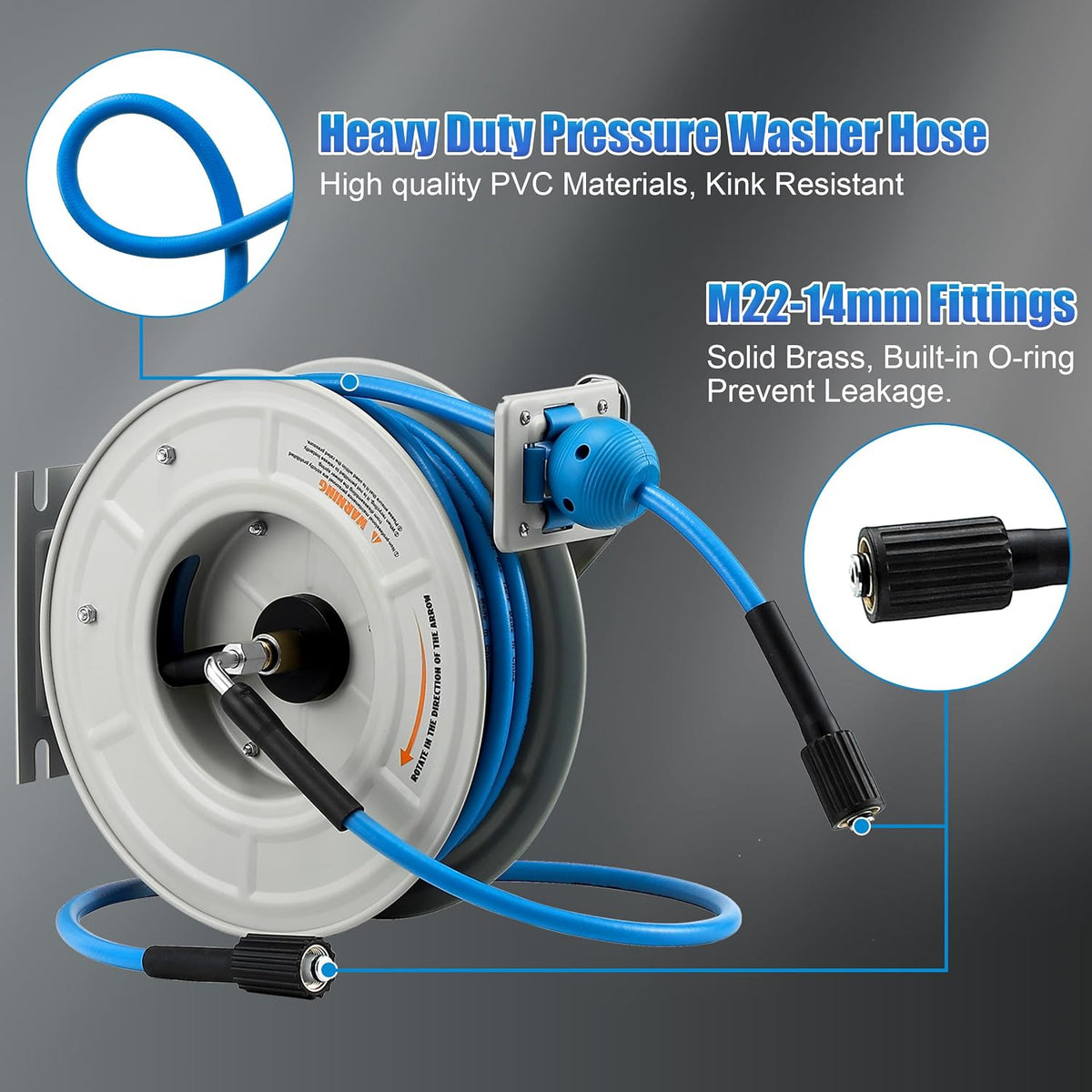 Pressure Washer Hose Reel with Hose, 1/4" × 60ft, Retractable