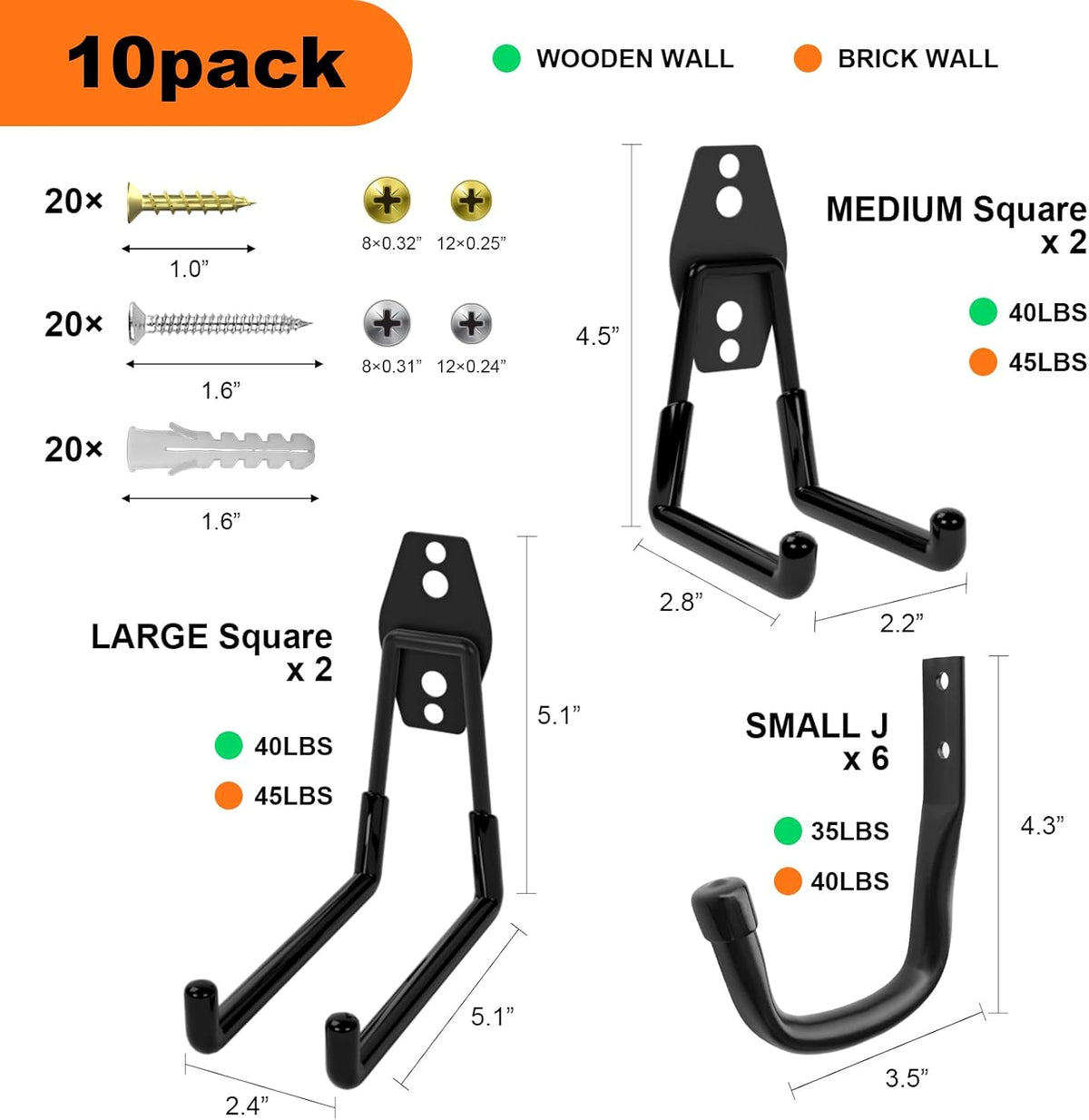Heavy Duty Wall Garage Hooks, Steel Anti-Slip Utility Hooks Storage Organization Hangers for Ladders, Bikes, Hose, Garden Tools, Coats, Bags with Mounting Hardware Kit (Black, 12 Pack)