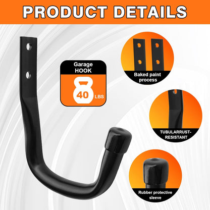 Heavy Duty Wall Garage Hooks, Steel Anti-Slip Utility Hooks Storage Organization Hangers for Ladders, Bikes, Hose, Garden Tools, Coats, Bags with Mounting Hardware Kit (Black, 12 Pack)