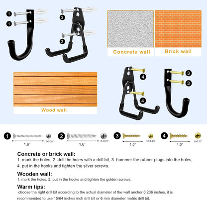 Heavy Duty Wall Garage Hooks, Steel Anti-Slip Utility Hooks Storage Organization Hangers for Ladders, Bikes, Hose, Garden Tools, Coats, Bags with Mounting Hardware Kit (Black, 12 Pack)